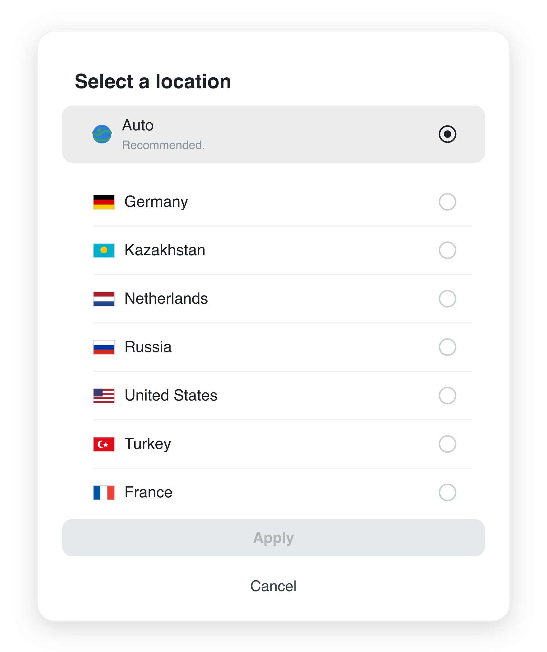 AirLink server location picker showing Auto (recommended) and country options including Germany, Netherlands, USA, Turkey and France