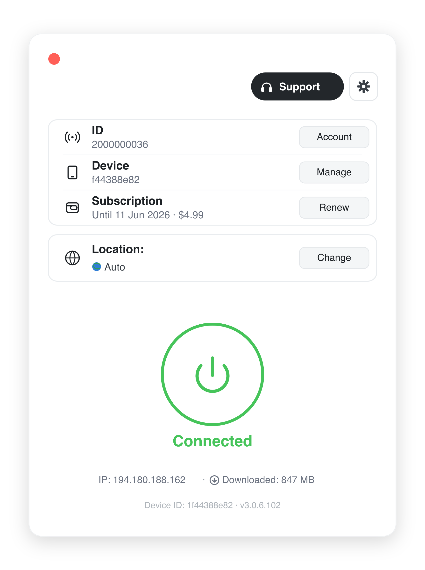AirLink desktop app connected to a VPN server, showing account ID, device, subscription and server location